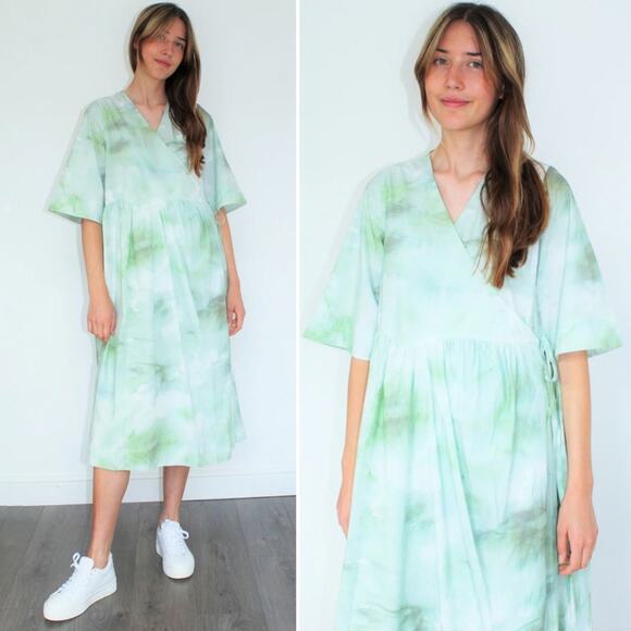 Ganni Green Poplin Watercolor Wrap Organic Cotton Midi Dress - Picture 1 of 8
